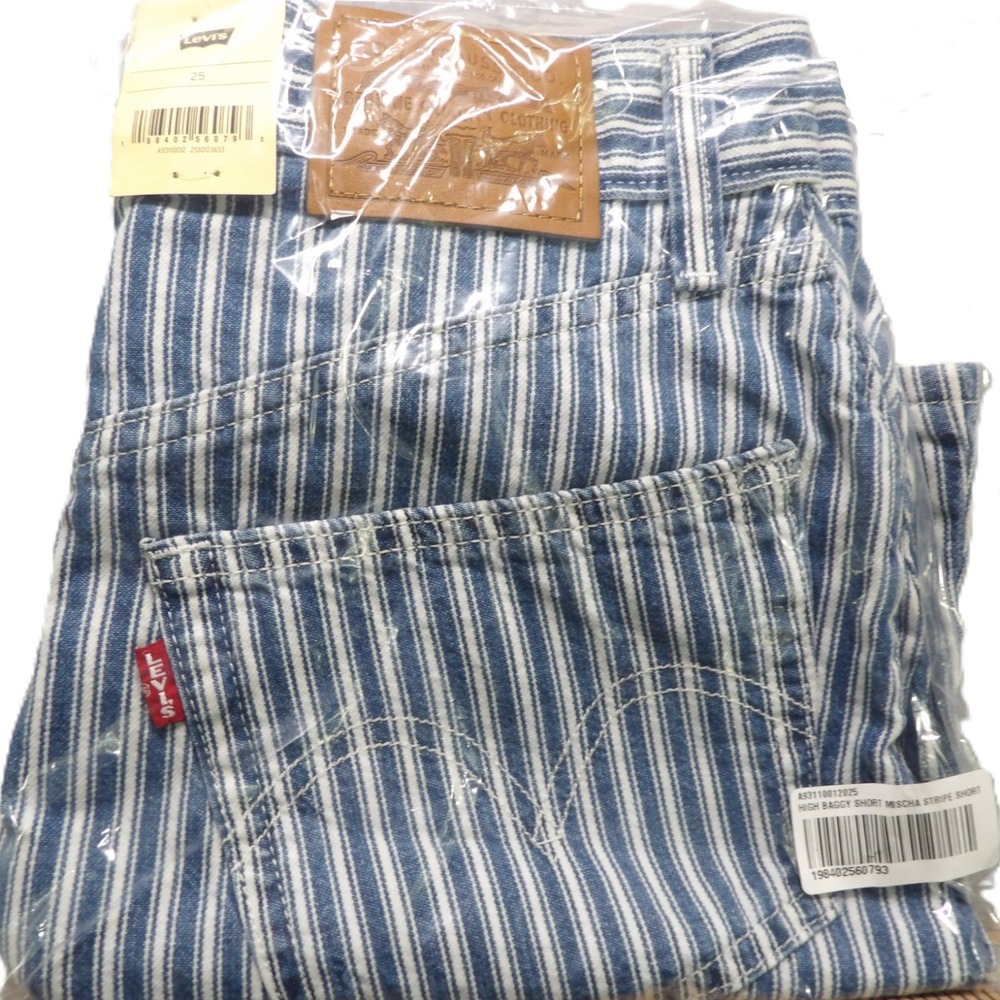 Levis High Rise Baggy Shorts Women 25 Blue White Stripe Denim Cotton Casual Logo